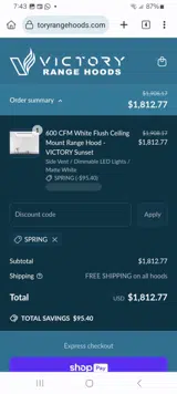 Victory Range Hoods coupon verification screenshot