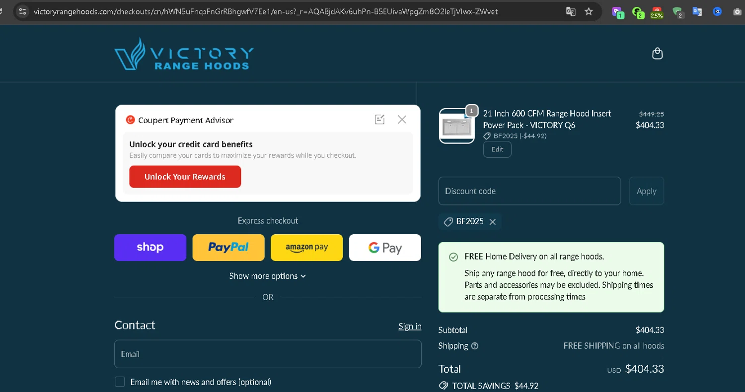 Victory Range Hoods discount code screenshot showing code BF2025 applied at Victory Range Hoods checkout page. Uploaded by SimplyCodes community member Serdanvz on Nov 30, 2025