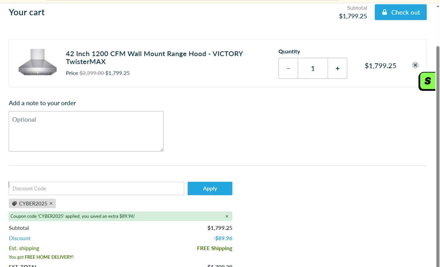 Victory Range Hoods discount code screenshot showing code cyber2025 applied at Victory Range Hoods checkout page. Uploaded by SimplyCodes community member ashe1986 on Dec 5, 2025