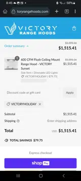 Victory Range Hoods coupon verification screenshot