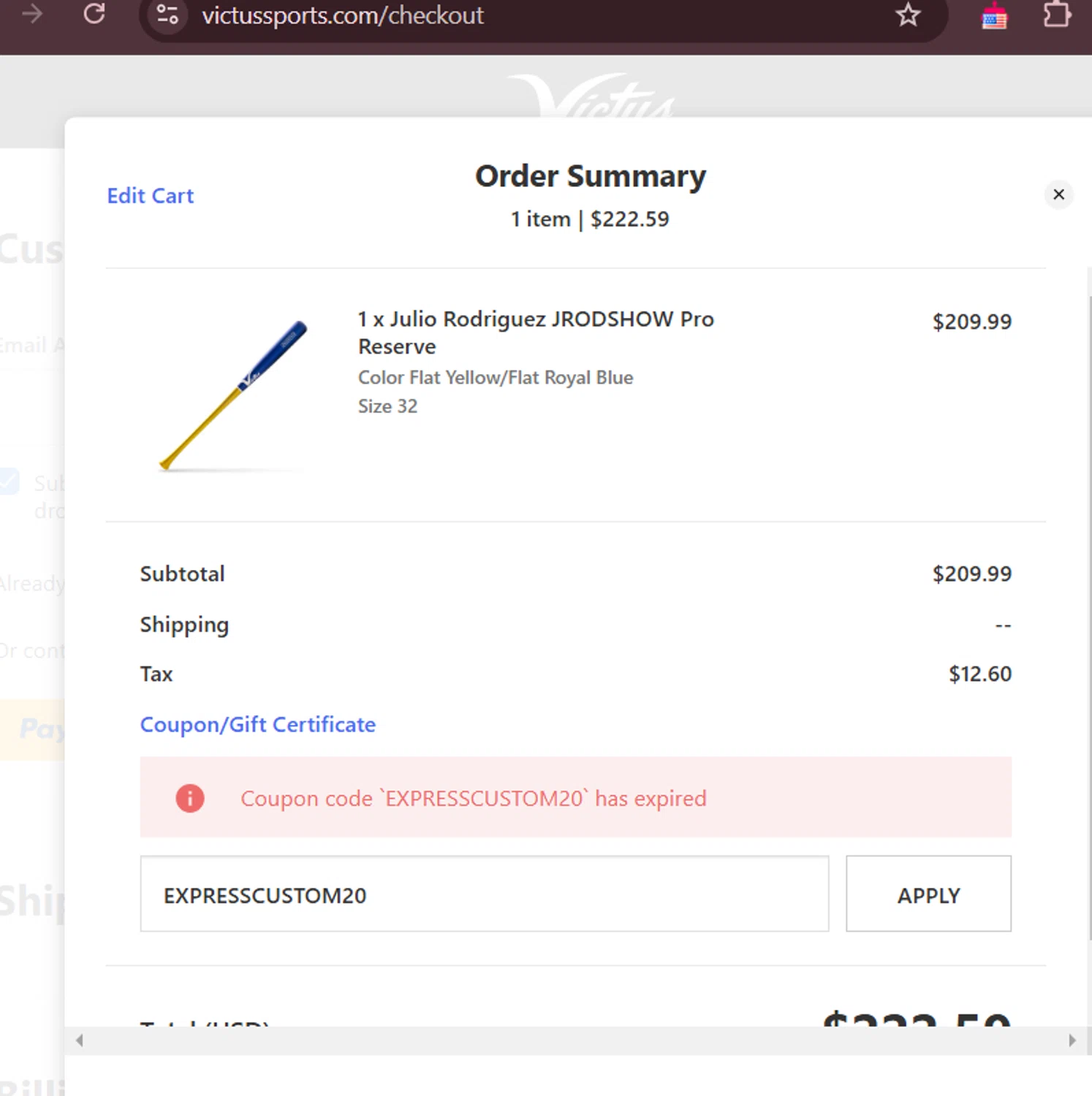 Victus Sports coupon code screenshot showing code EXPRESSCUSTOM20 applied at Victus Sports checkout page. Uploaded by SimplyCodes community member lukeCallahannn on Feb 13, 2025