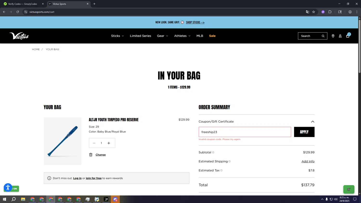 Victus Sports checkout page showing Victus Sports coupon code box | Screenshot taken by SimplyCodes community member on Sep 24, 2025