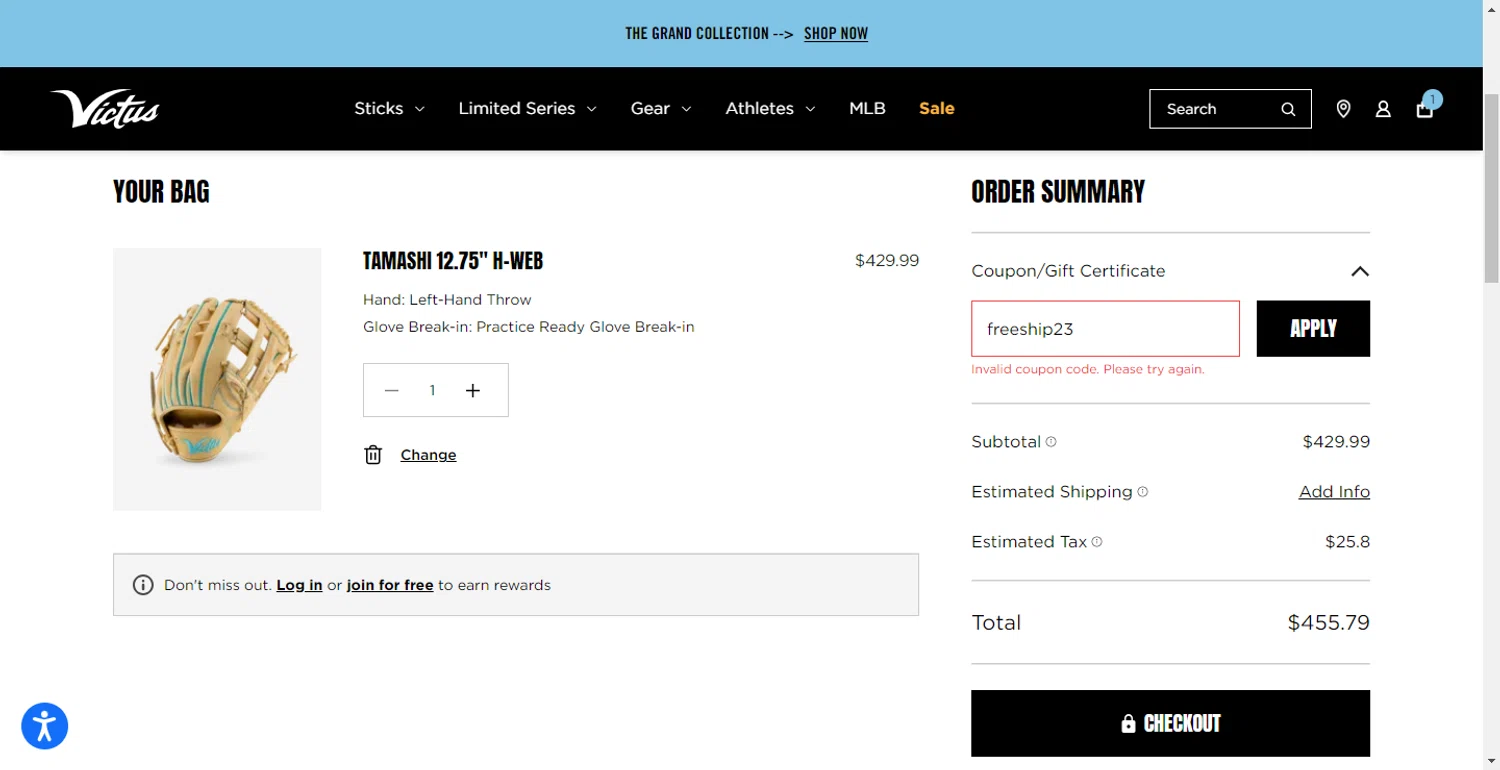 Victus Sports coupon code screenshot showing code freeship23 applied at Victus Sports checkout page. Uploaded by SimplyCodes community member ShieldLion4225 on Oct 23, 2025