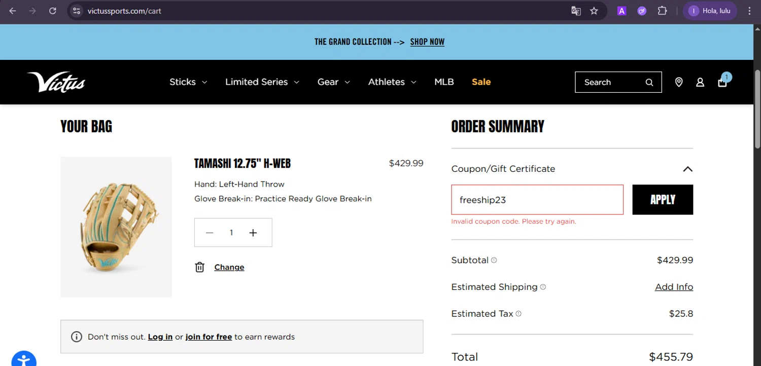 Victus Sports coupon code screenshot showing code freeship23 applied at Victus Sports checkout page. Uploaded by SimplyCodes community member joineds on Oct 23, 2025