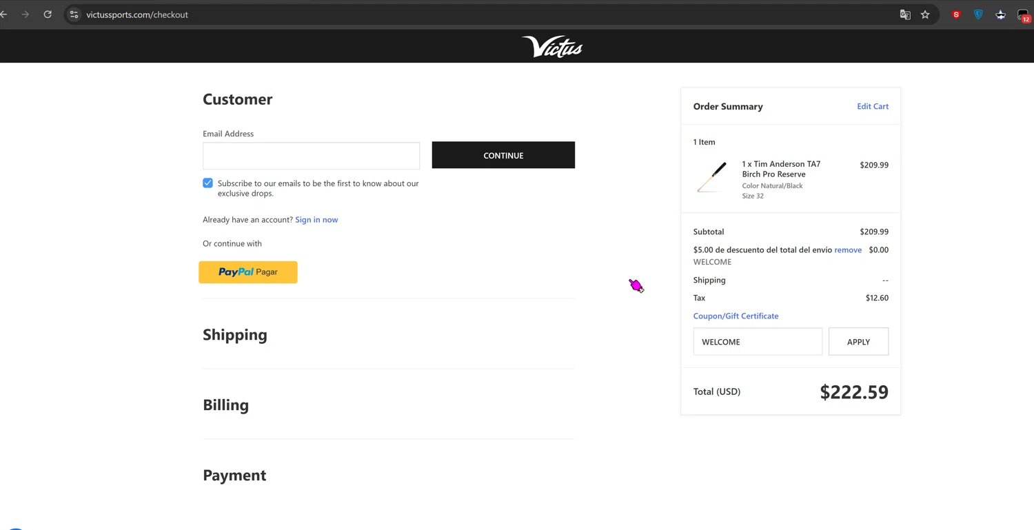 Victus Sports coupon code screenshot showing code WELCOME applied at Victus Sports checkout page. Uploaded by SimplyCodes community member Cbombis on Feb 12, 2025