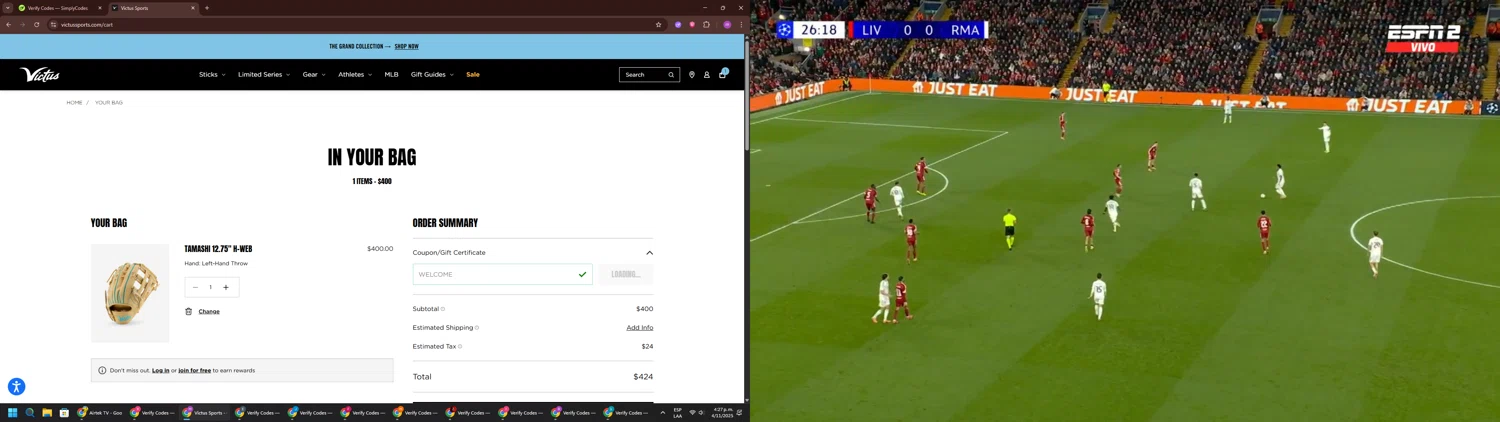 Victus Sports coupon code screenshot showing code WELCOME applied at Victus Sports checkout page. Uploaded by SimplyCodes community member PennyWizard1195 on Nov 4, 2025