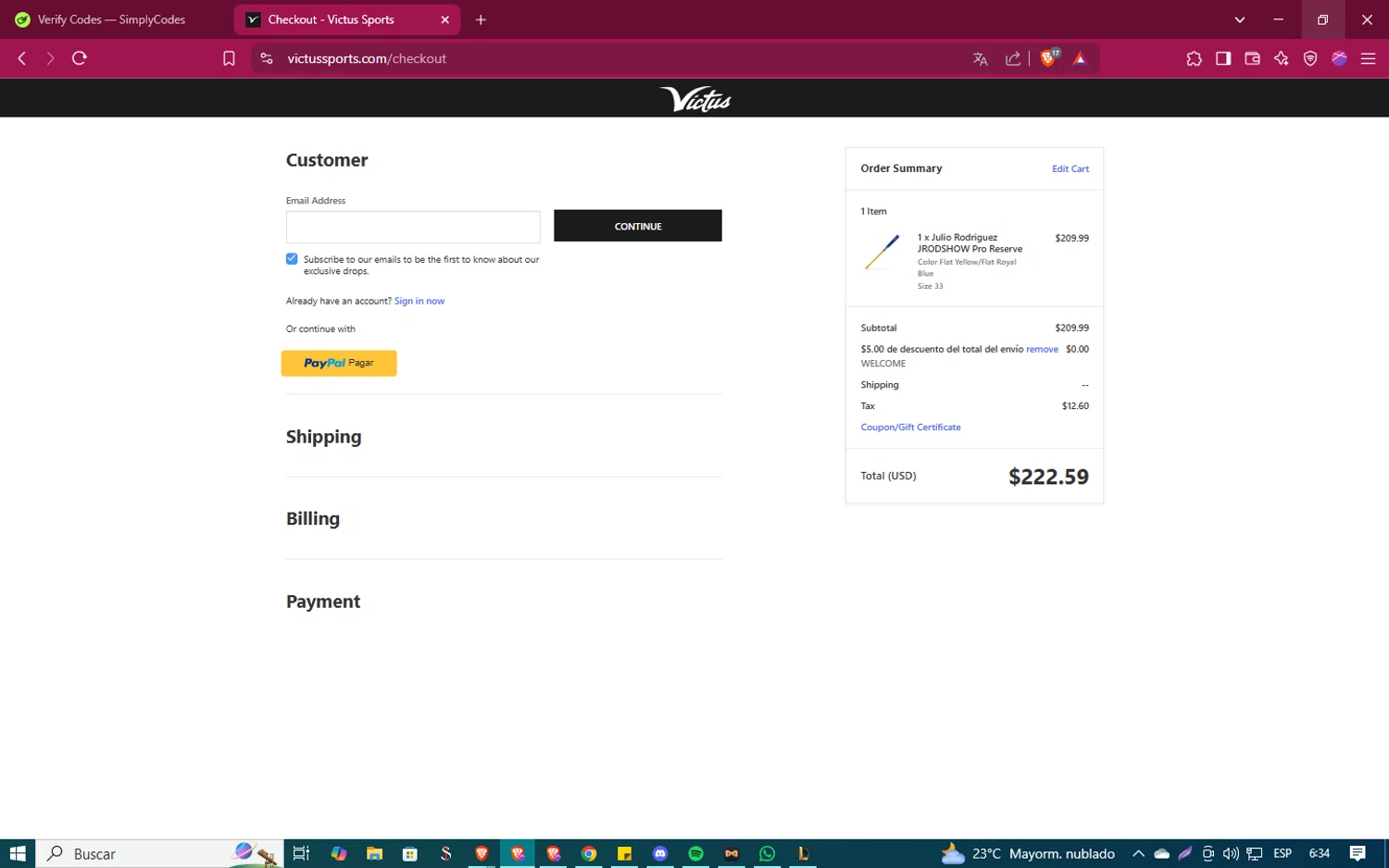 Victus Sports coupon code screenshot showing code WELCOME applied at Victus Sports checkout page. Uploaded by SimplyCodes community member ShinazugawaSanemi on Mar 13, 2025