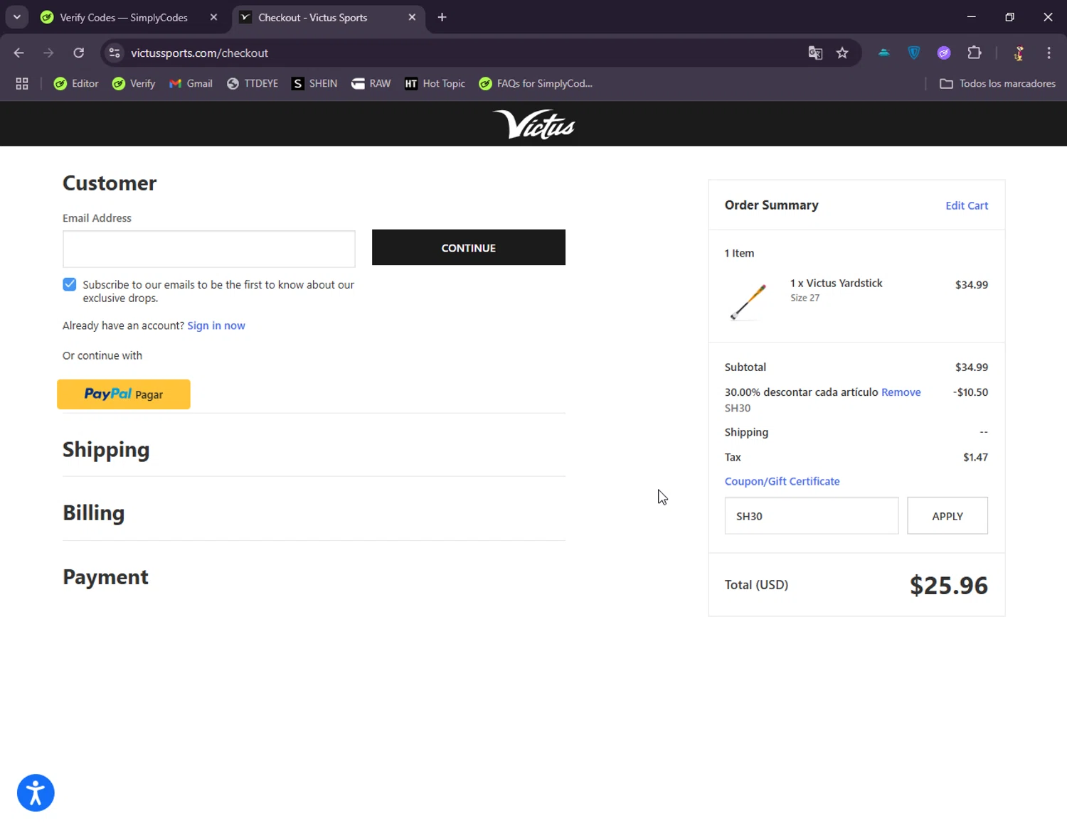 Victus Sports checkout page showing Victus Sports coupon code box | Screenshot taken by SimplyCodes community member on Jul 18, 2025