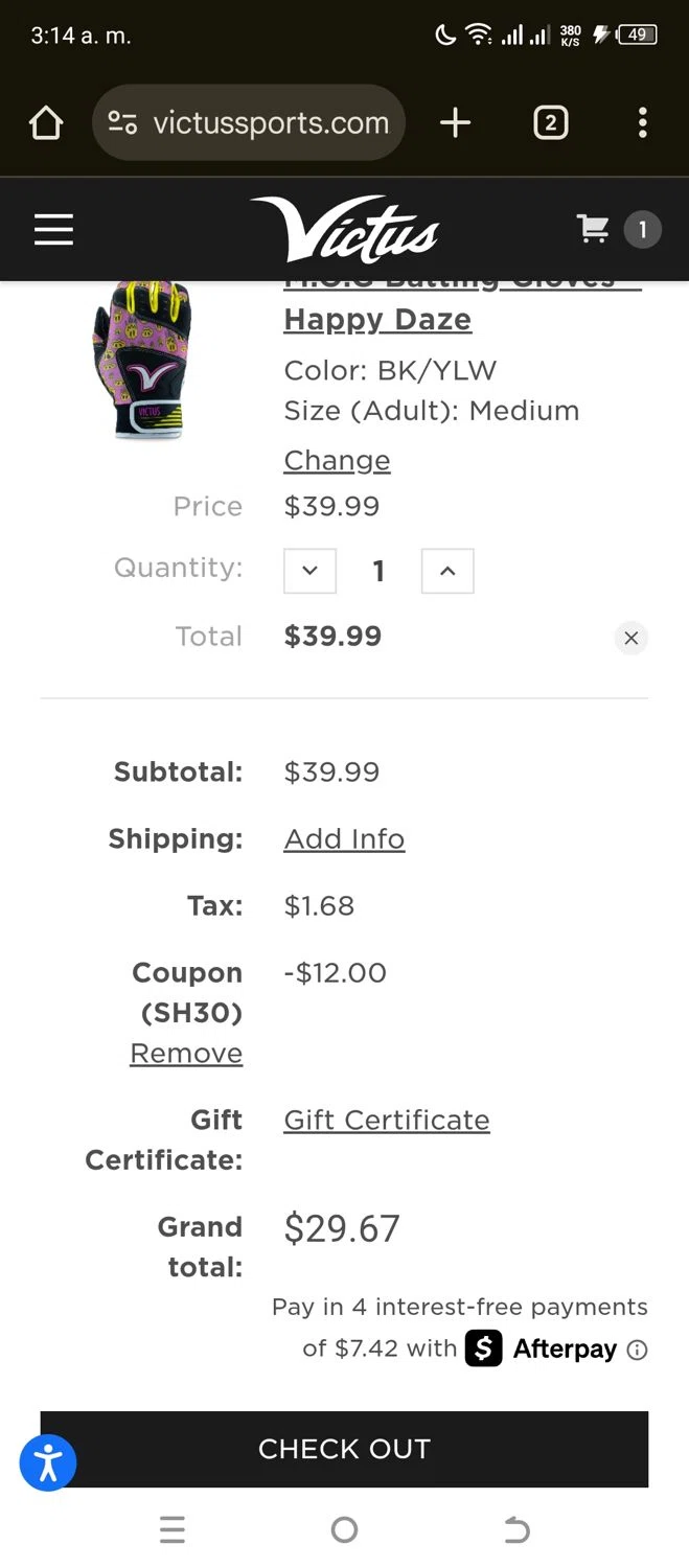 Victus Sports checkout page showing Victus Sports coupon code box | Screenshot taken by SimplyCodes community member on Aug 6, 2025