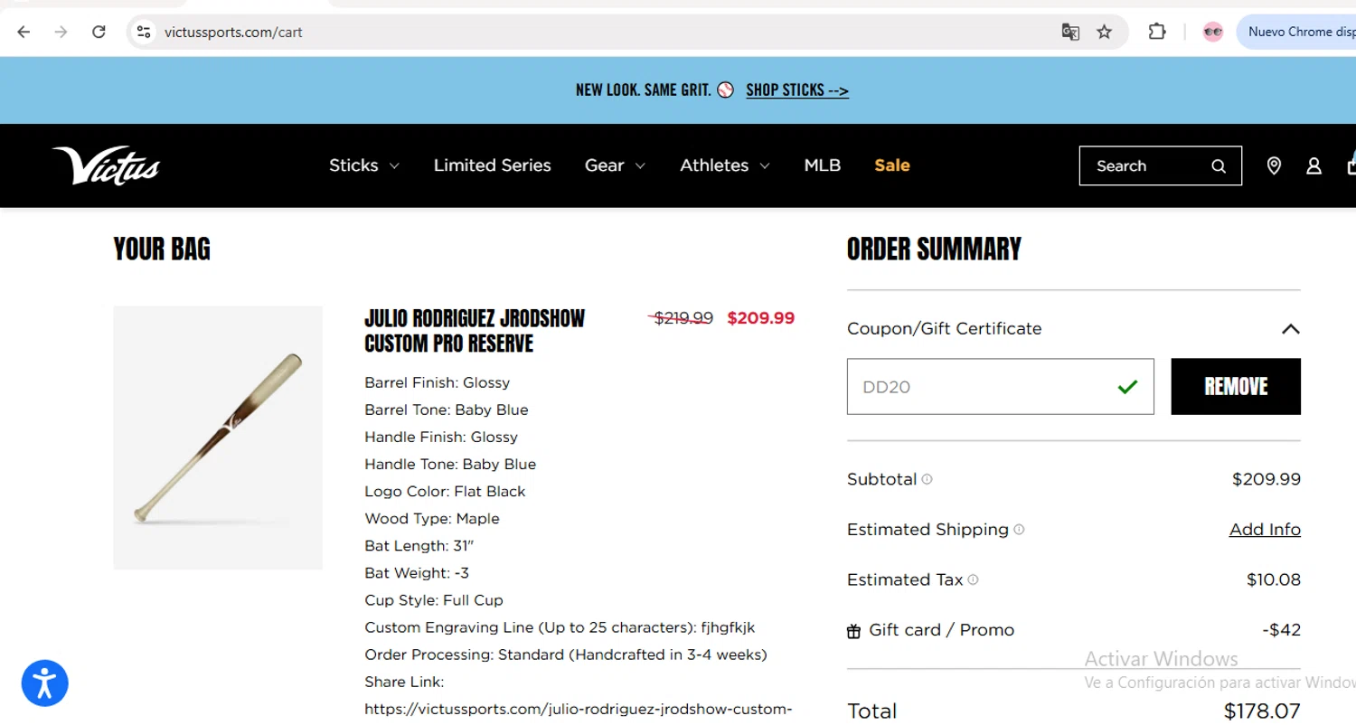 Victus Sports checkout page showing Victus Sports coupon code box | Screenshot taken by SimplyCodes community member on Sep 24, 2025
