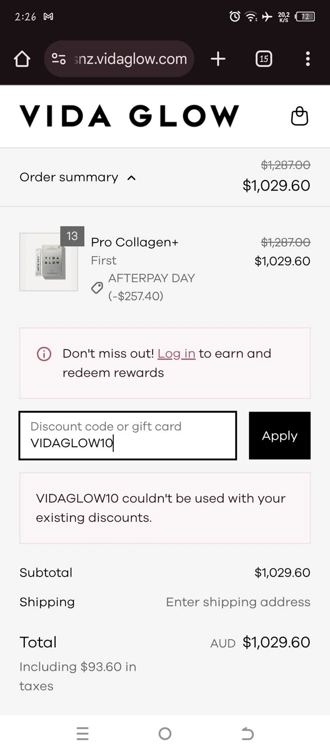 Vida Glow discount code screenshot showing code VIDAGLOW10 applied at Vida Glow checkout page. Uploaded by SimplyCodes community member WonderW on Mar 20, 2025