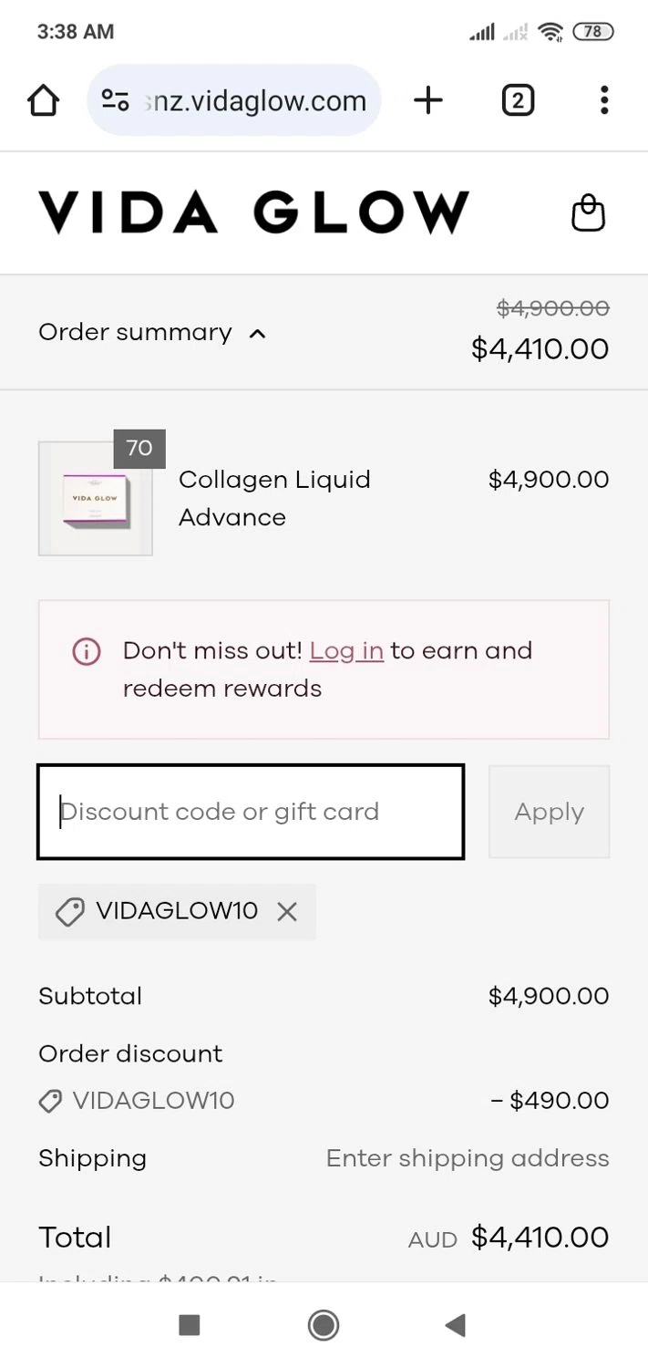 Vida Glow discount code screenshot showing code VIDAGLOW10 applied at Vida Glow checkout page. Uploaded by SimplyCodes community member 789456 on Mar 29, 2025