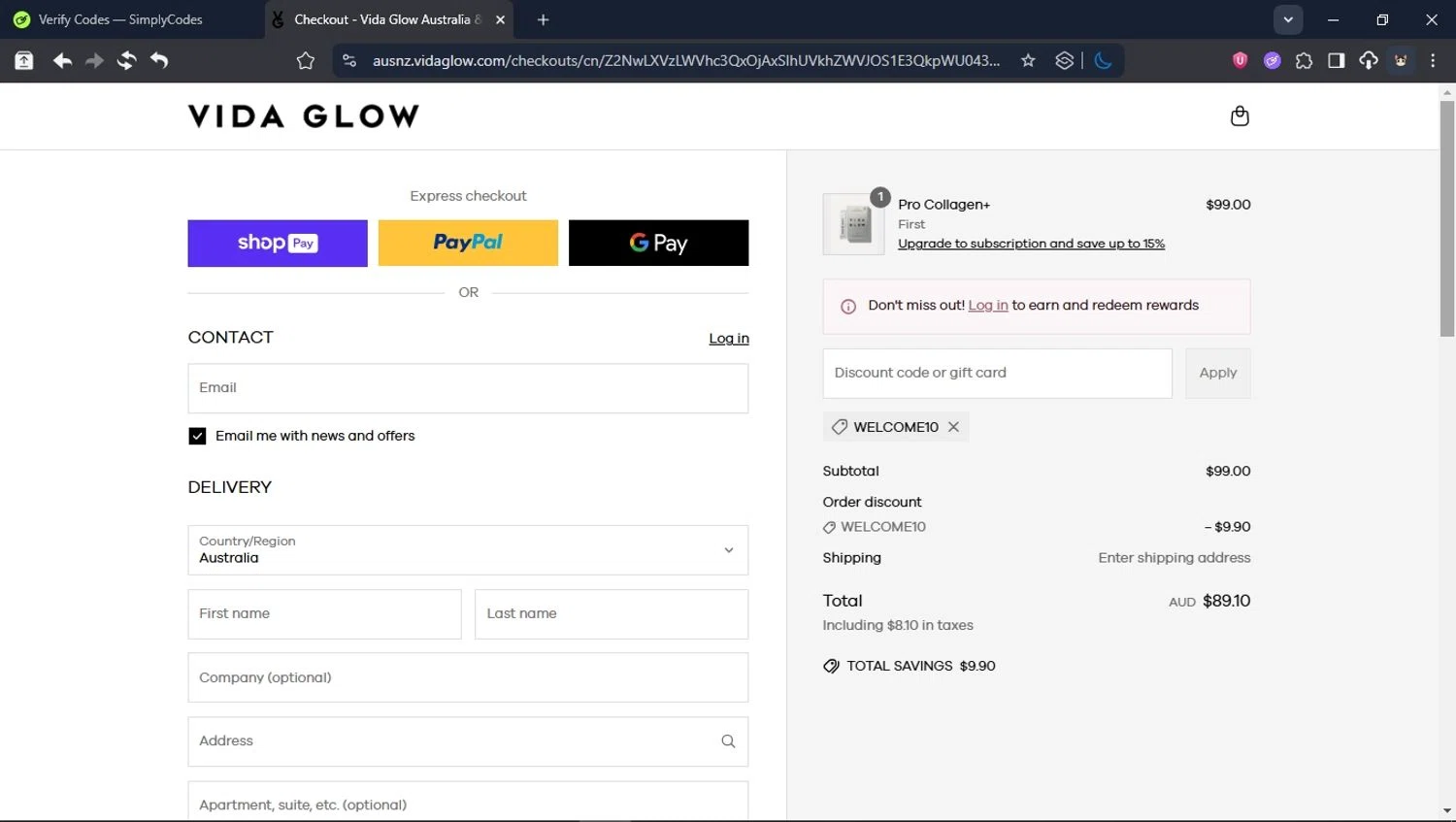 Vida Glow discount code screenshot showing code WELCOME10 applied at Vida Glow checkout page. Uploaded by SimplyCodes community member USER_RANDON on Jun 15, 2025