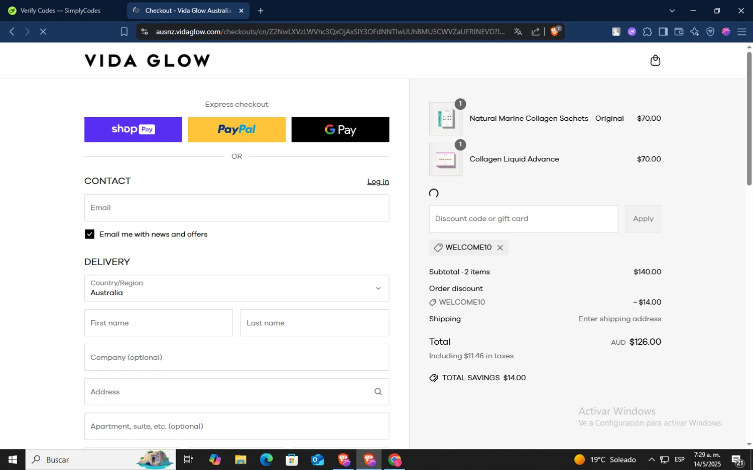 Vida Glow discount code screenshot showing code WELCOME10 applied at Vida Glow checkout page. Uploaded by SimplyCodes community member TokenSaver1205 on May 14, 2025