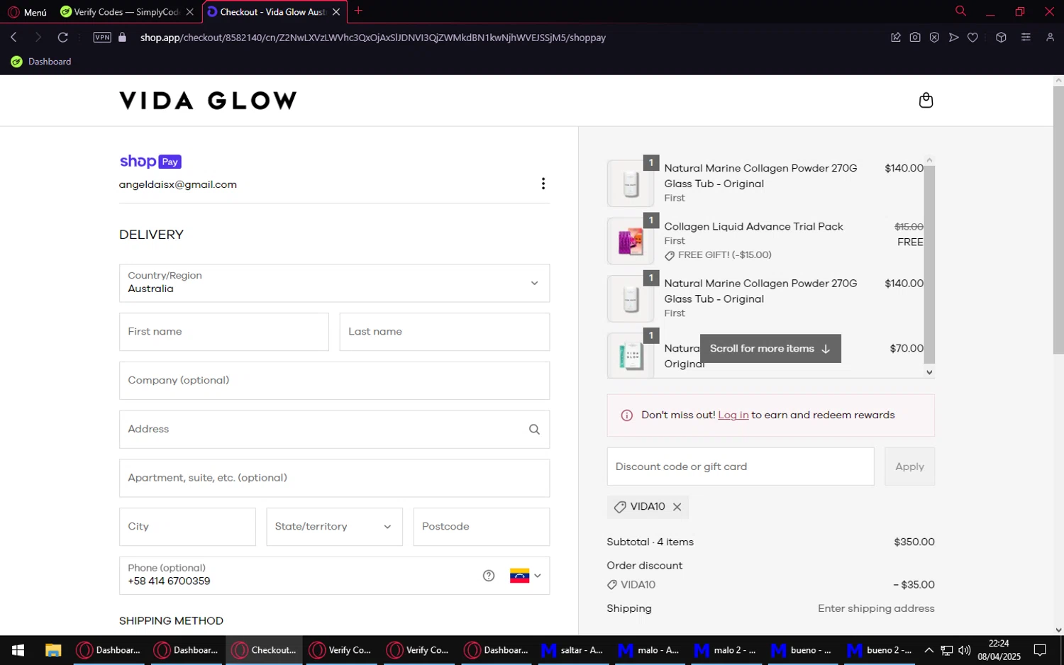 Vida Glow discount code screenshot showing code VIDA10 applied at Vida Glow checkout page. Uploaded by SimplyCodes community member Purureche_en_banda on Apr 9, 2025