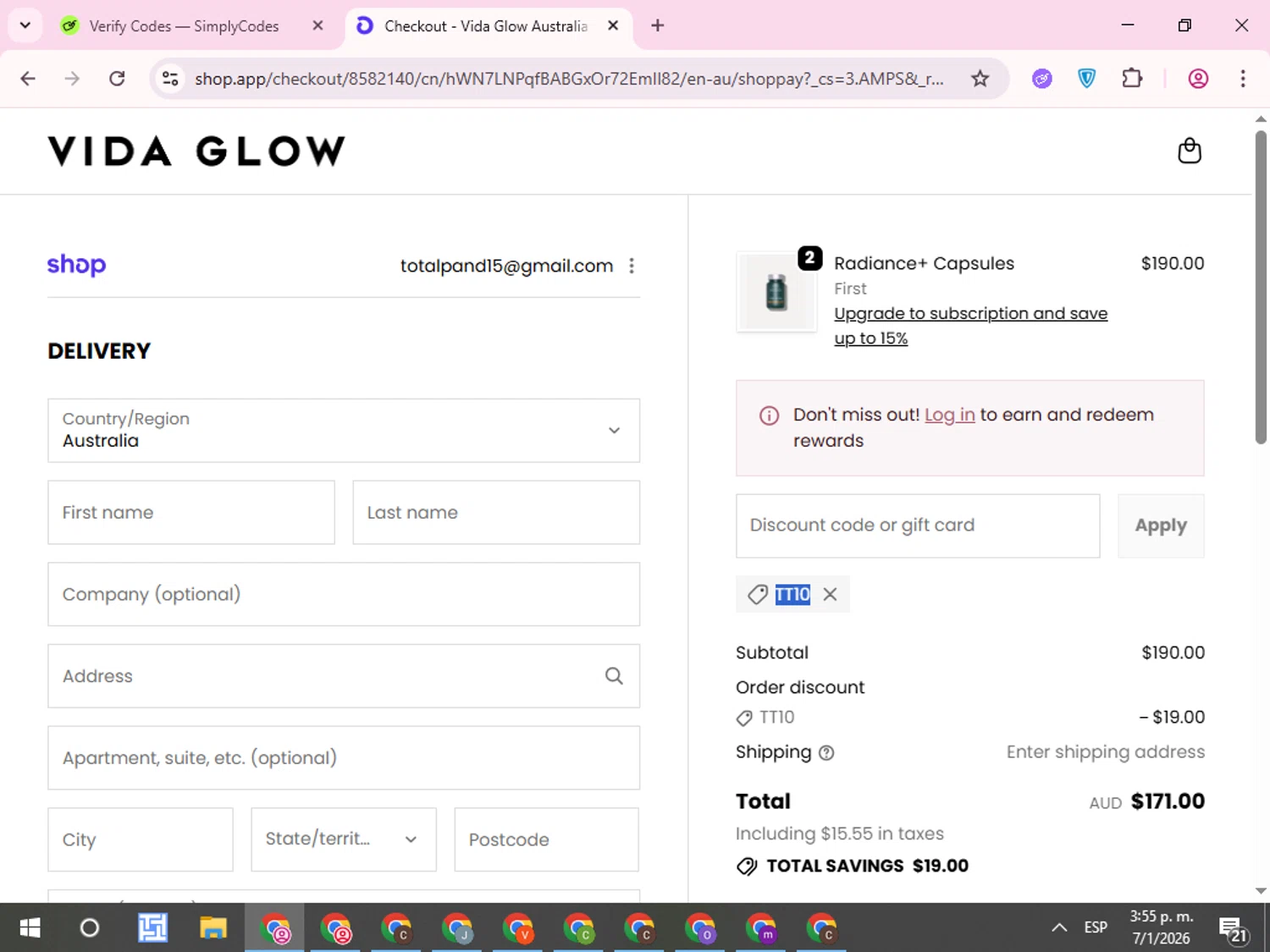 Vida Glow discount code screenshot showing code TT10 applied at Vida Glow checkout page. Uploaded by SimplyCodes community member QuestCurator1644 on Jan 7, 2026