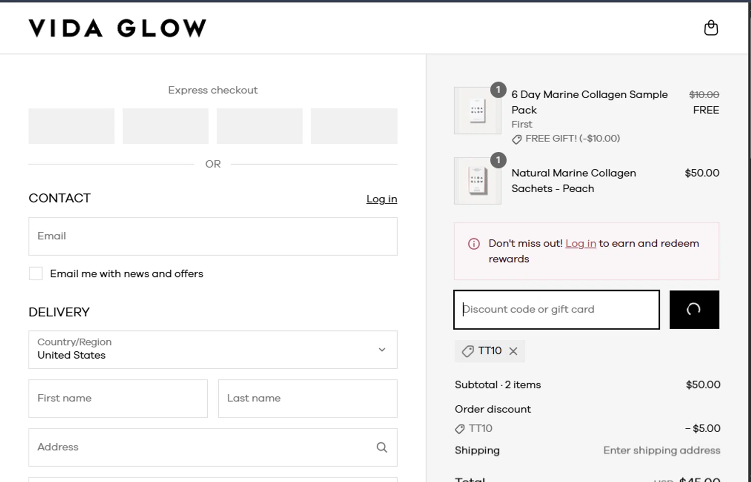 Vida Glow discount code screenshot showing code TT10 applied at Vida Glow checkout page. Uploaded by SimplyCodes community member CodeHunter9012 on Apr 19, 2025