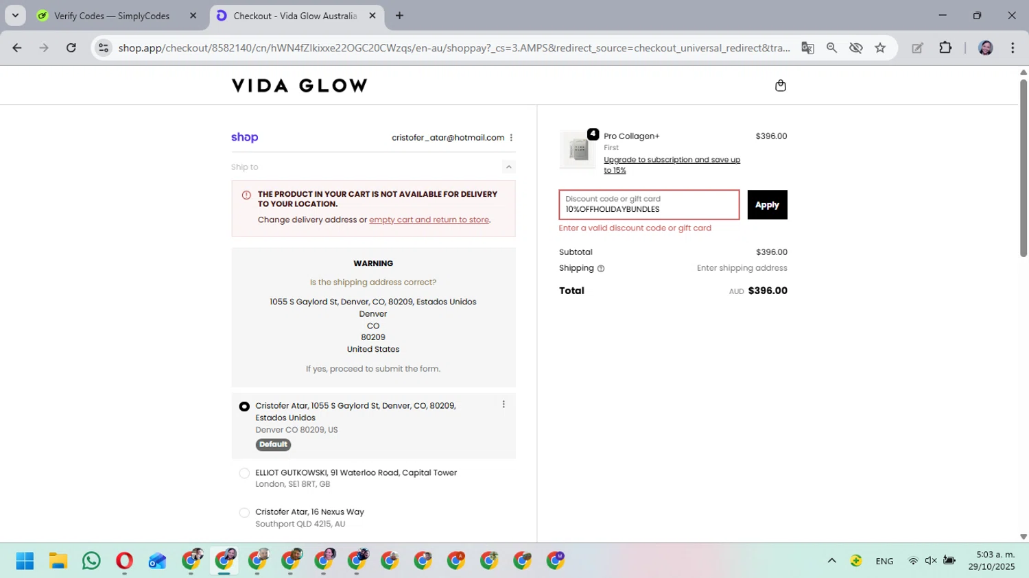 Vida Glow discount code screenshot showing code 10%OFFHOLIDAYBUNDLES applied at Vida Glow checkout page. Uploaded by SimplyCodes community member MarielisPb on Oct 29, 2025