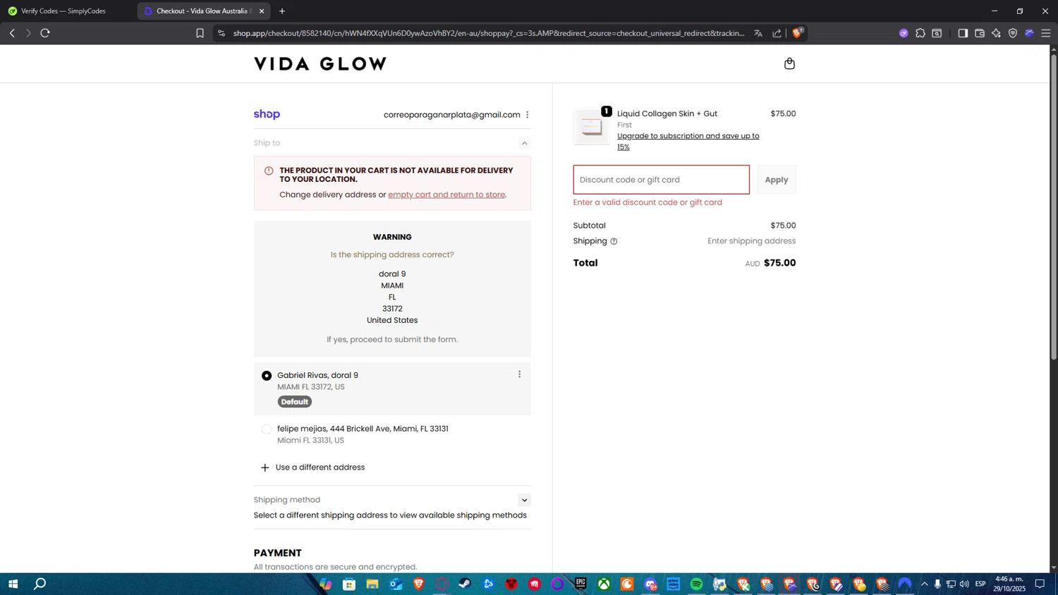 Vida Glow discount code screenshot showing code 10%OFFHOLIDAYBUNDLES applied at Vida Glow checkout page. Uploaded by SimplyCodes community member Nekiro on Oct 29, 2025