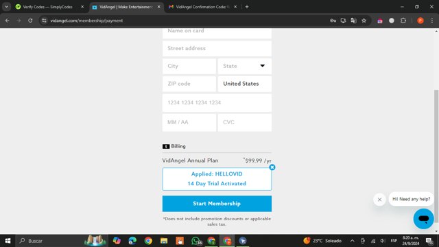 VidAngel checkout page showing VidAngel promo code box | Screenshot taken by SimplyCodes community member on Sep 24, 2024