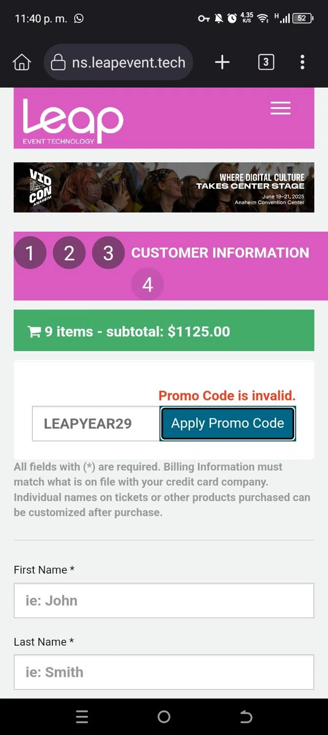 VidCon US promo code screenshot showing code LEAPYEAR29 applied at VidCon US checkout page. Uploaded by SimplyCodes community member jhonmcflayers on Jan 24, 2025