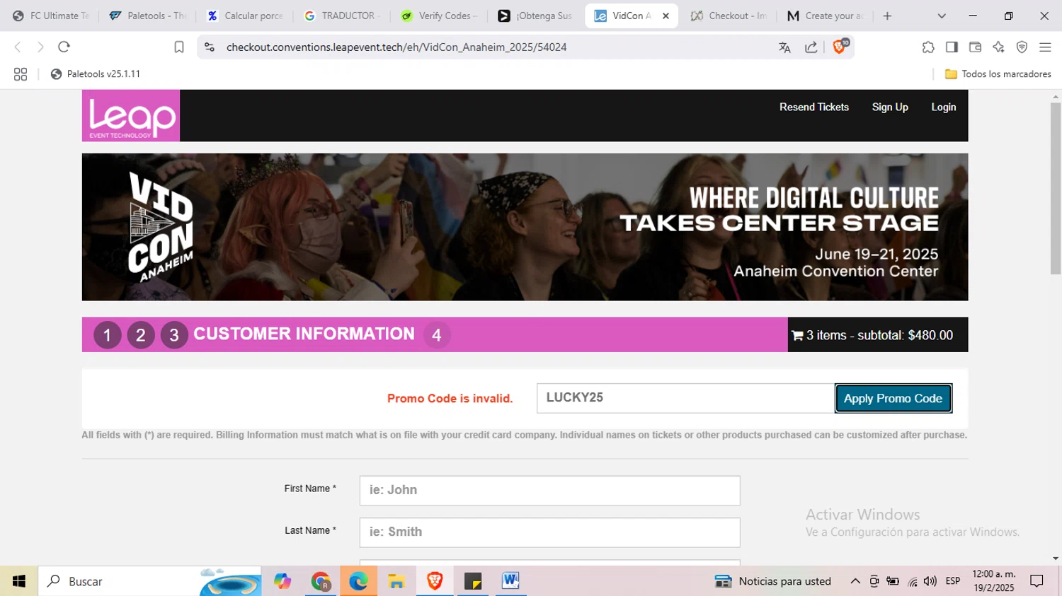 VidCon US promo code screenshot showing code LUCKY25 applied at VidCon US checkout page. Uploaded by SimplyCodes community member MangoFC on Feb 19, 2025