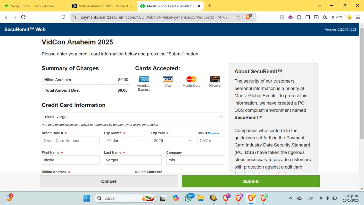 VidCon US promo code screenshot showing code LUCKY25 applied at VidCon US checkout page. Uploaded by SimplyCodes community member lirguin on Jan 17, 2025