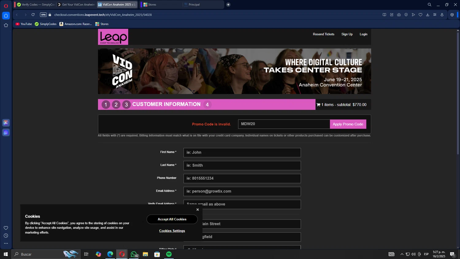 VidCon US promo code screenshot showing code MDW20 applied at VidCon US checkout page. Uploaded by SimplyCodes community member Gojira on Feb 16, 2025
