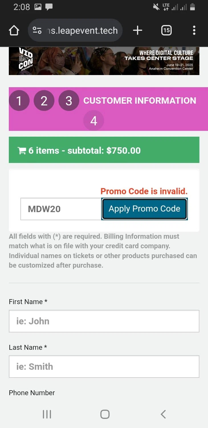 VidCon US promo code screenshot showing code MDW20 applied at VidCon US checkout page. Uploaded by SimplyCodes community member LAPUTABESTIA on Jan 18, 2025