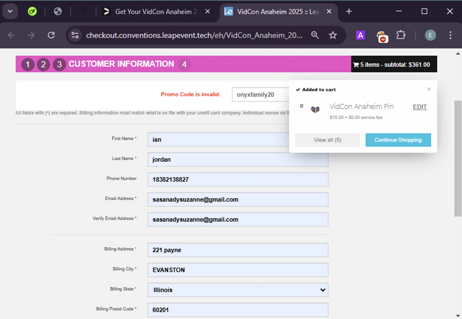 VidCon US checkout page showing VidCon US promo code box | Screenshot taken by SimplyCodes community member on Feb 3, 2025