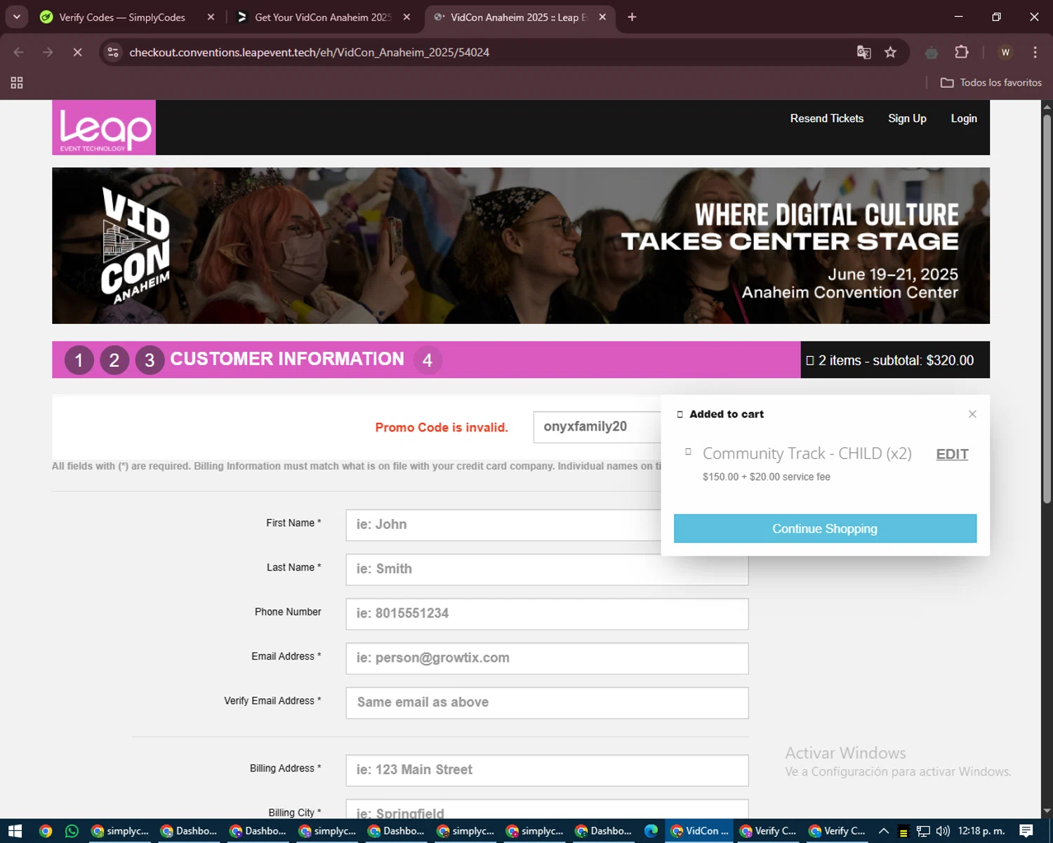 VidCon US promo code screenshot showing code onyxfamily20 applied at VidCon US checkout page. Uploaded by SimplyCodes community member DealMaestro2101 on Apr 19, 2025