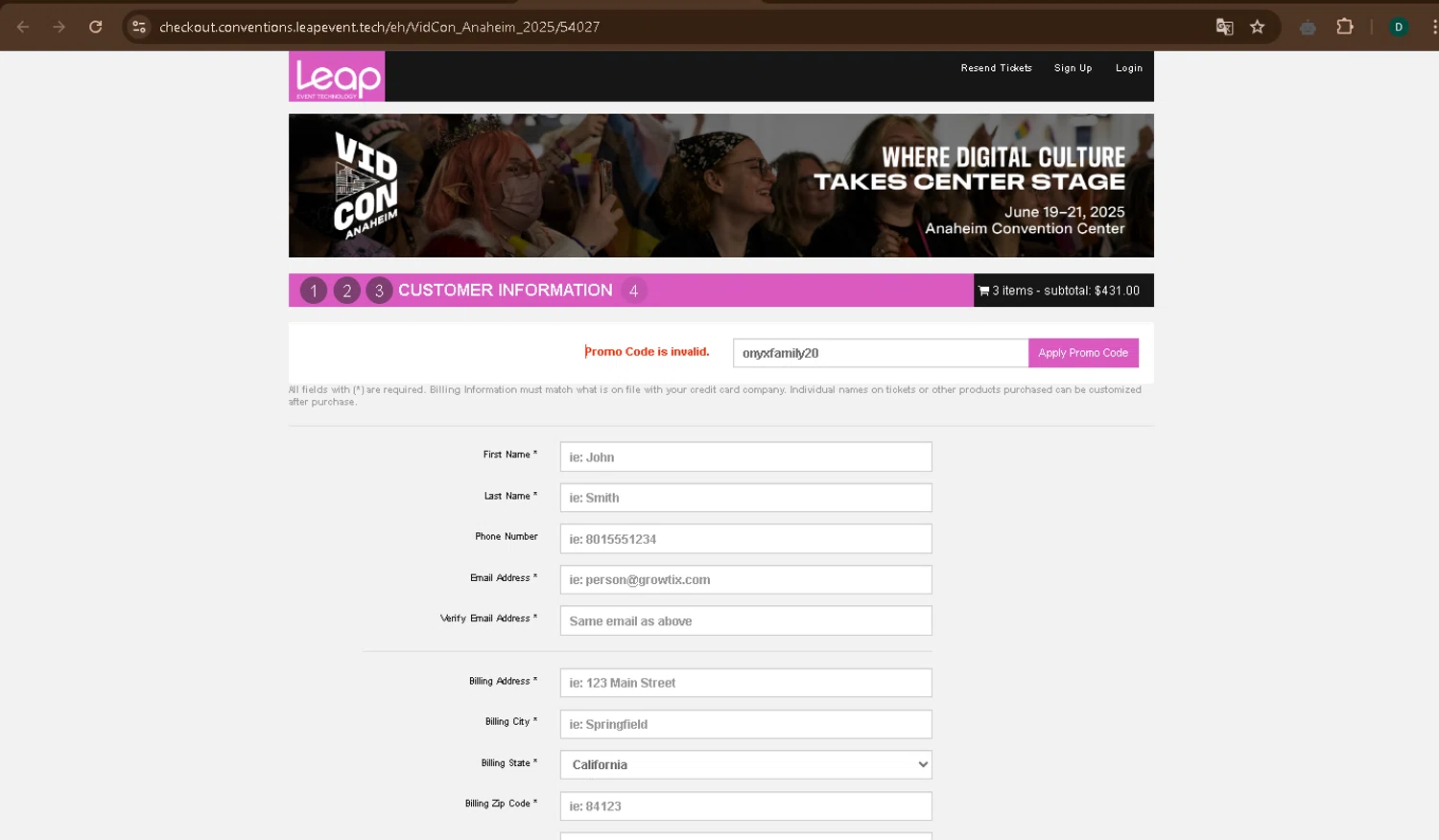 VidCon US promo code screenshot showing code onyxfamily20 applied at VidCon US checkout page. Uploaded by SimplyCodes community member drevin007 on Apr 11, 2025