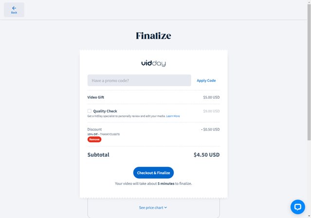 VidDay checkout page showing VidDay promo code box | Screenshot taken by SimplyCodes community member on Nov 1, 2023