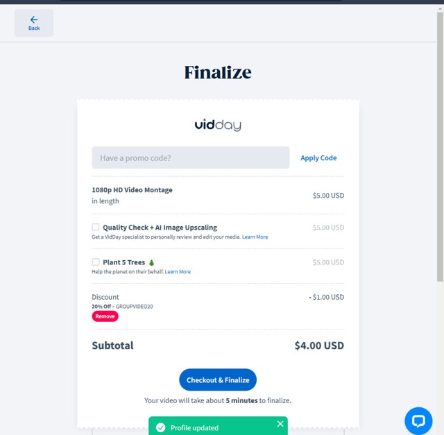 VidDay checkout page showing VidDay promo code box | Screenshot taken by SimplyCodes community member on Dec 5, 2024