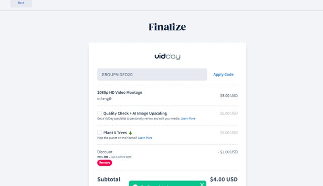 VidDay checkout page showing VidDay promo code box | Screenshot taken by SimplyCodes community member on Nov 11, 2024