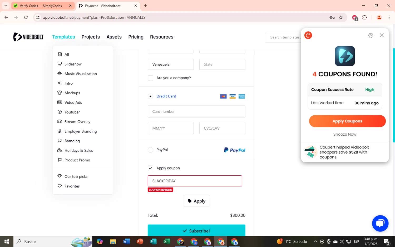 Videobolt discount code screenshot showing code BLACKFRIDAY applied at Videobolt checkout page. Uploaded by SimplyCodes community member Lilithh on Feb 1, 2025