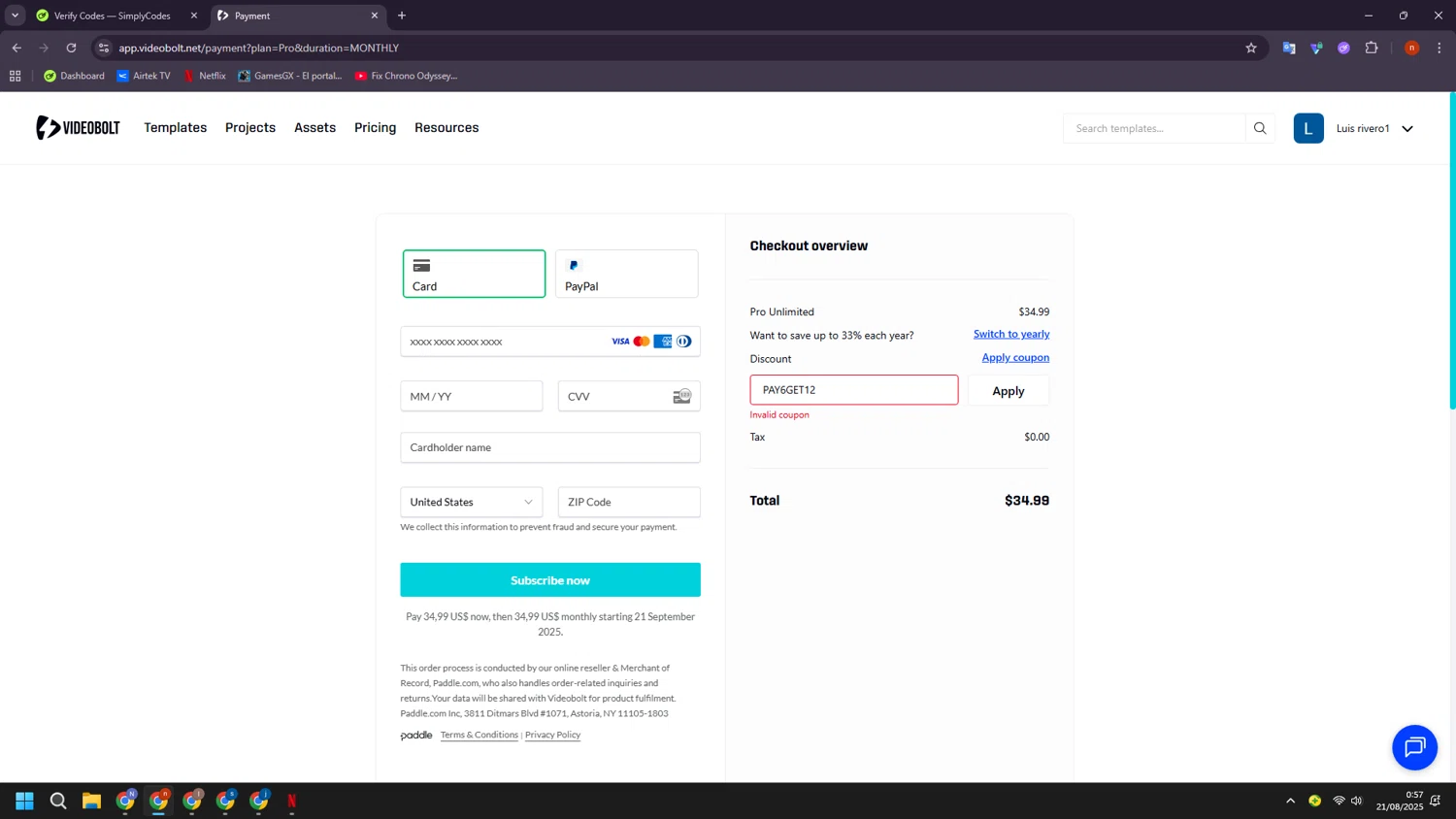 Videobolt discount code screenshot showing code PAY6GET12 applied at Videobolt checkout page. Uploaded by SimplyCodes community member BudgetShopper182 on Aug 21, 2025