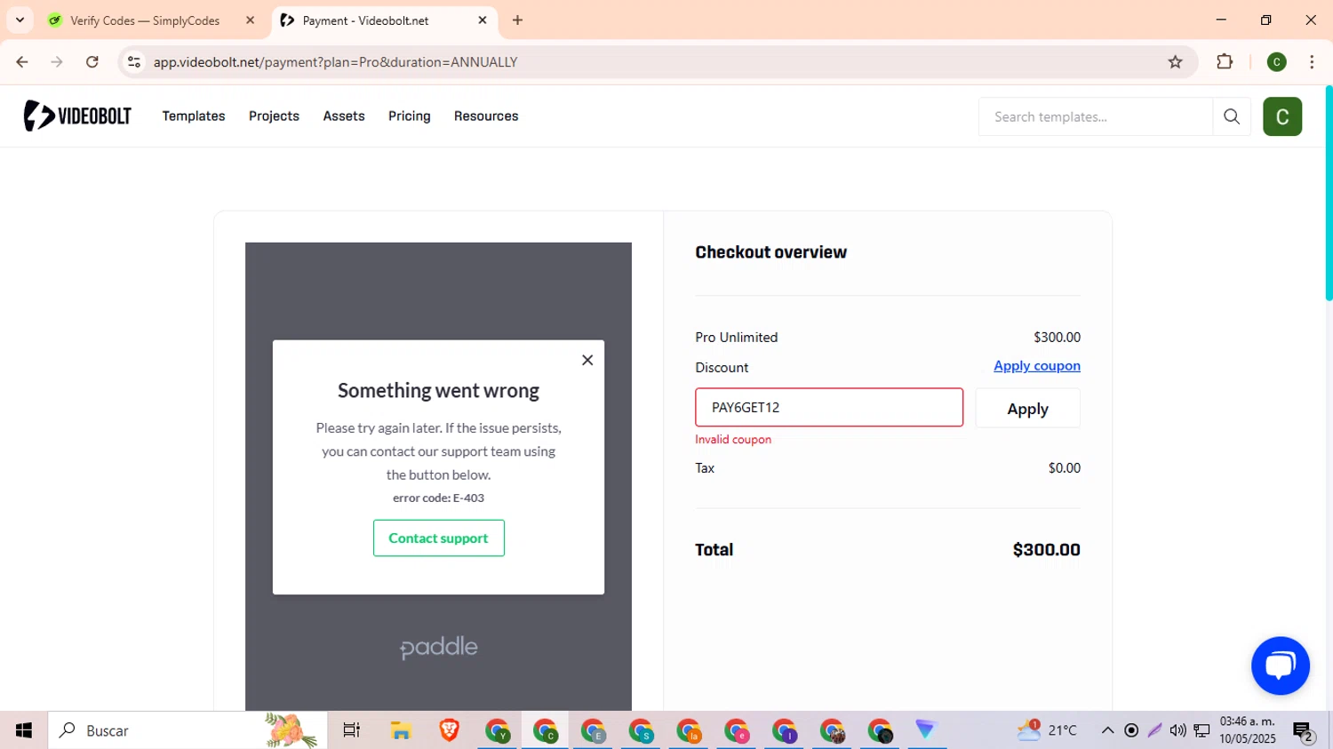 Videobolt discount code screenshot showing code PAY6GET12 applied at Videobolt checkout page. Uploaded by SimplyCodes community member DevianArt on May 10, 2025