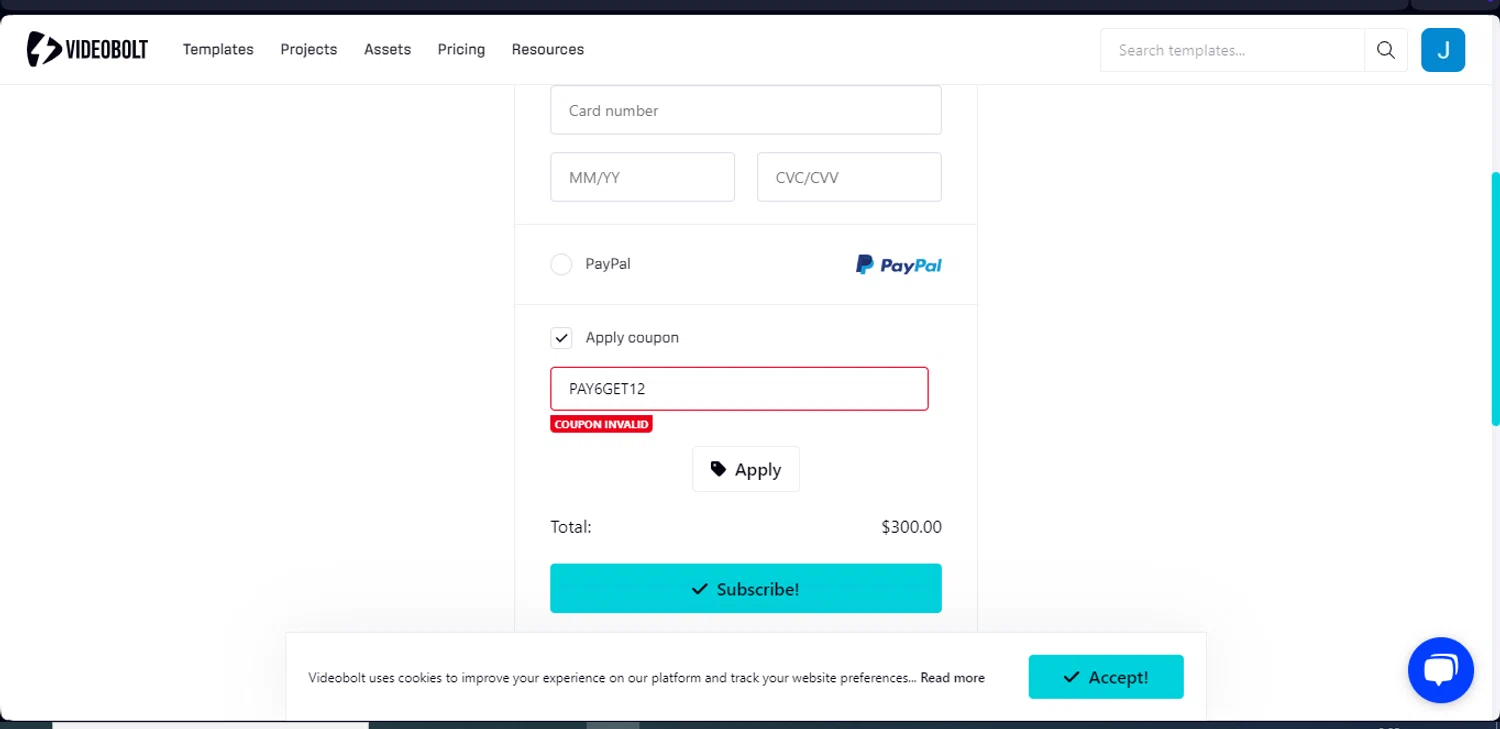 Videobolt discount code screenshot showing code PAY6GET12 applied at Videobolt checkout page. Uploaded by SimplyCodes community member VoucherSleuth8988 on Jan 2, 2025