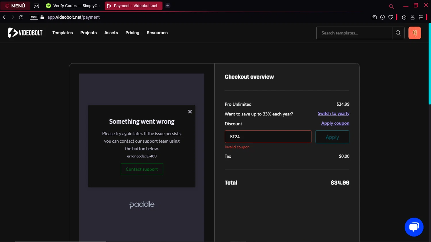 Videobolt discount code screenshot showing code BF24 applied at Videobolt checkout page. Uploaded by SimplyCodes community member KeiJJ18 on Mar 21, 2025
