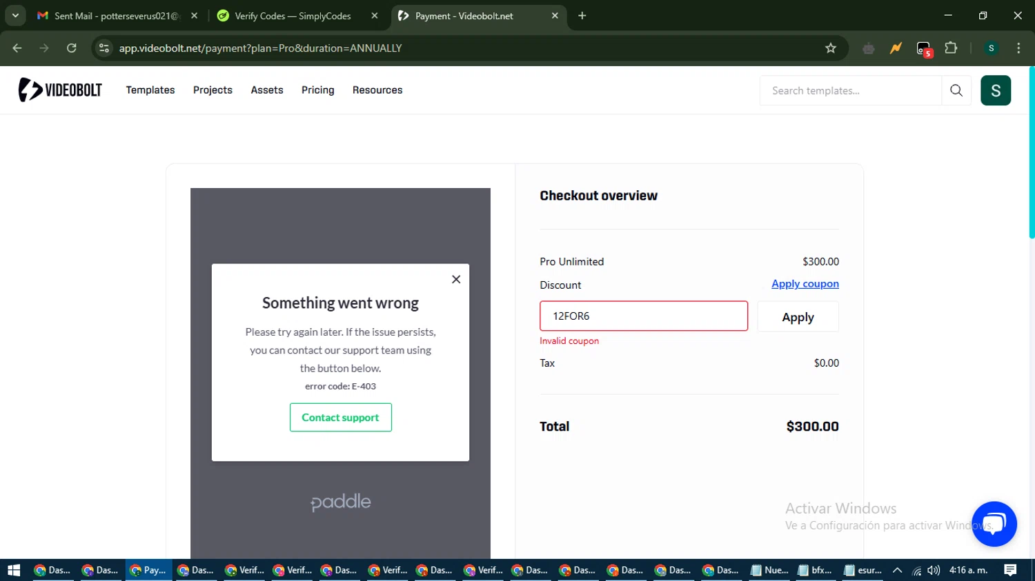 Videobolt discount code screenshot showing code 12FOR6 applied at Videobolt checkout page. Uploaded by SimplyCodes community member ShrewdAce7935 on Apr 13, 2025