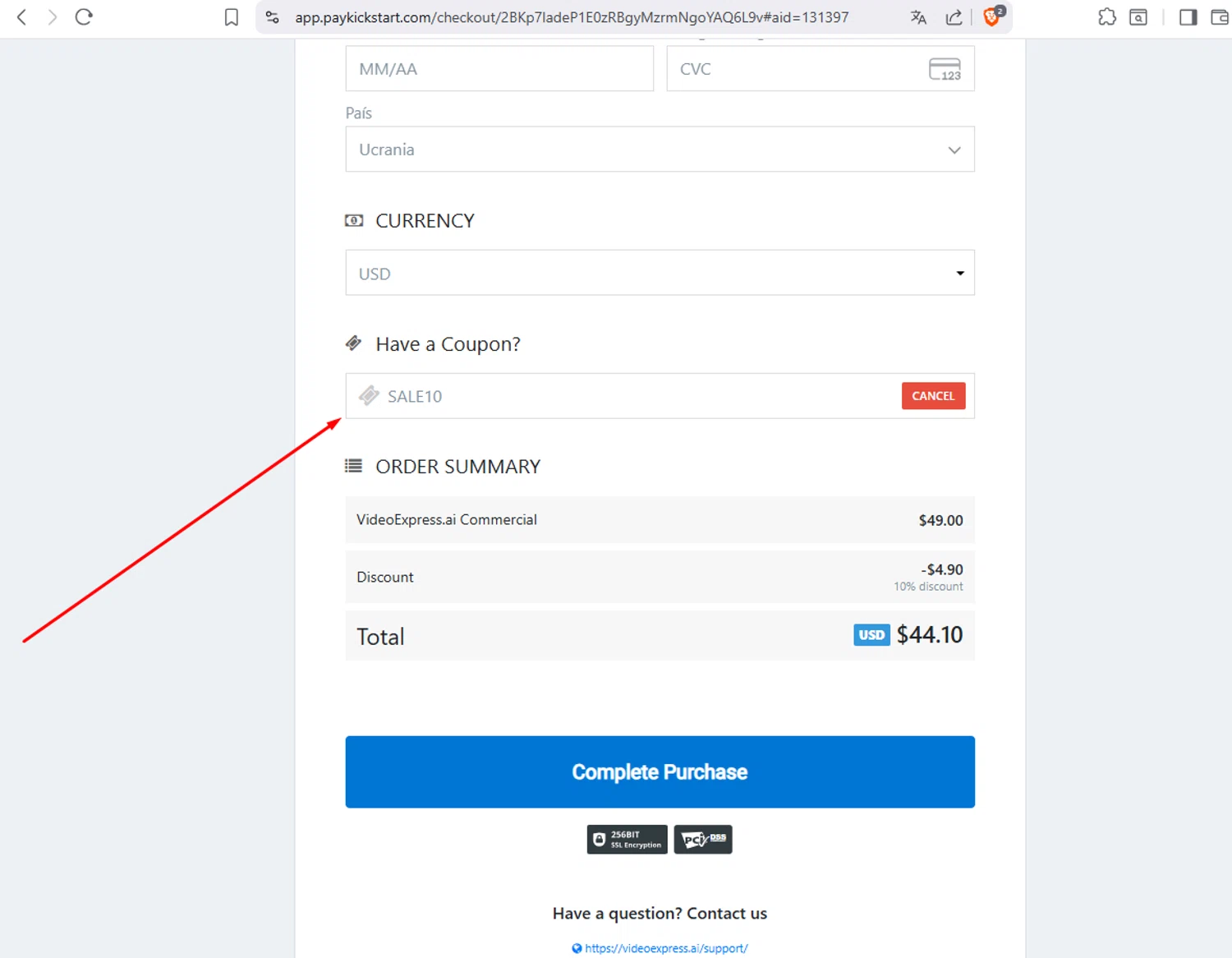 VideoExpress.ai promo code screenshot showing code SALE10 applied at VideoExpress.ai checkout page. Uploaded by SimplyCodes community member 1763PrettyViewLane on Nov 1, 2025