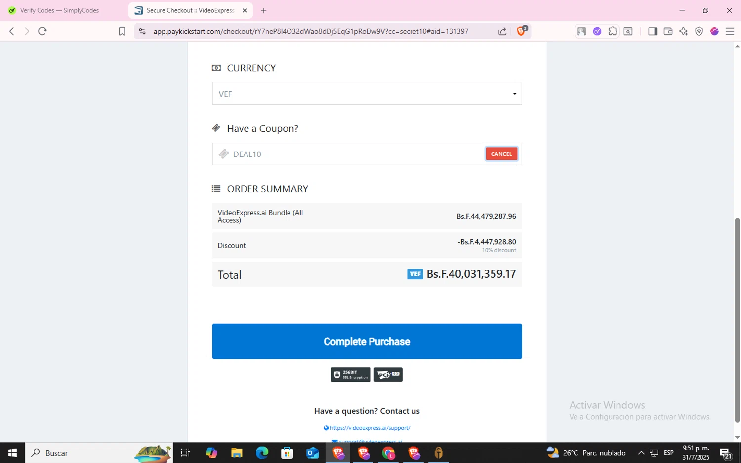 VideoExpress.ai promo code screenshot showing code DEAL10 applied at VideoExpress.ai checkout page. Uploaded by SimplyCodes community member CodeLynx5272 on Aug 1, 2025