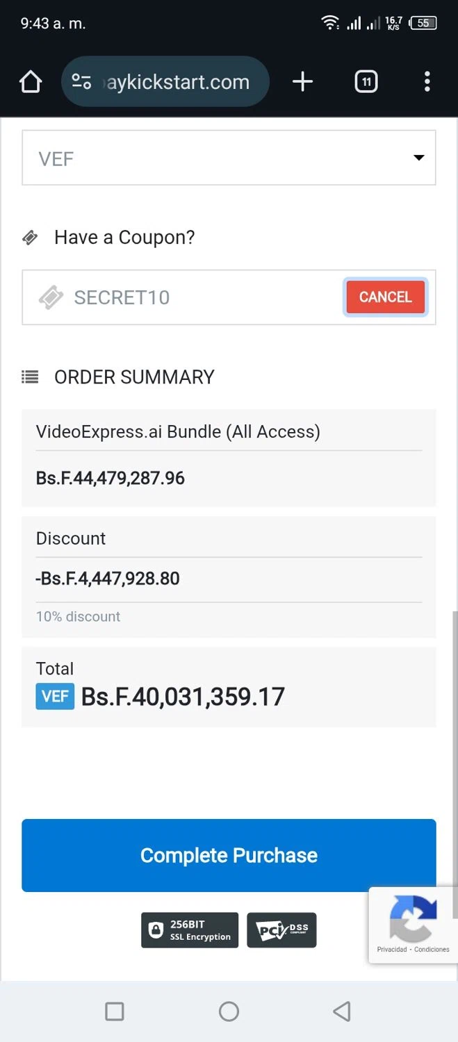 VideoExpress.ai promo code screenshot showing code SECRET10 applied at VideoExpress.ai checkout page. Uploaded by SimplyCodes community member Miggy2024 on Oct 24, 2025