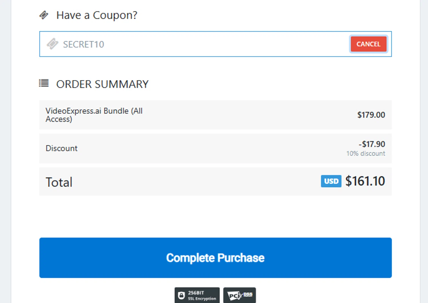 VideoExpress.ai promo code screenshot showing code SECRET10 applied at VideoExpress.ai checkout page. Uploaded by SimplyCodes community member MightyHunter5940 on Sep 25, 2025