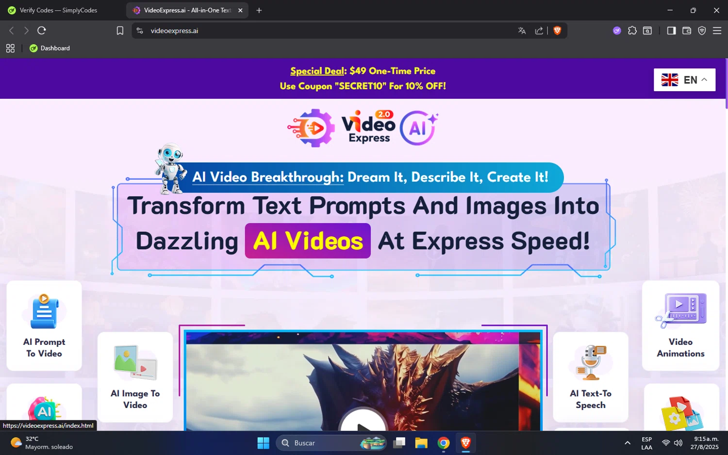 VideoExpress.ai promo code screenshot showing code SECRET10 applied at VideoExpress.ai checkout page. Uploaded by SimplyCodes community member MonkyDLuffy on Aug 27, 2025