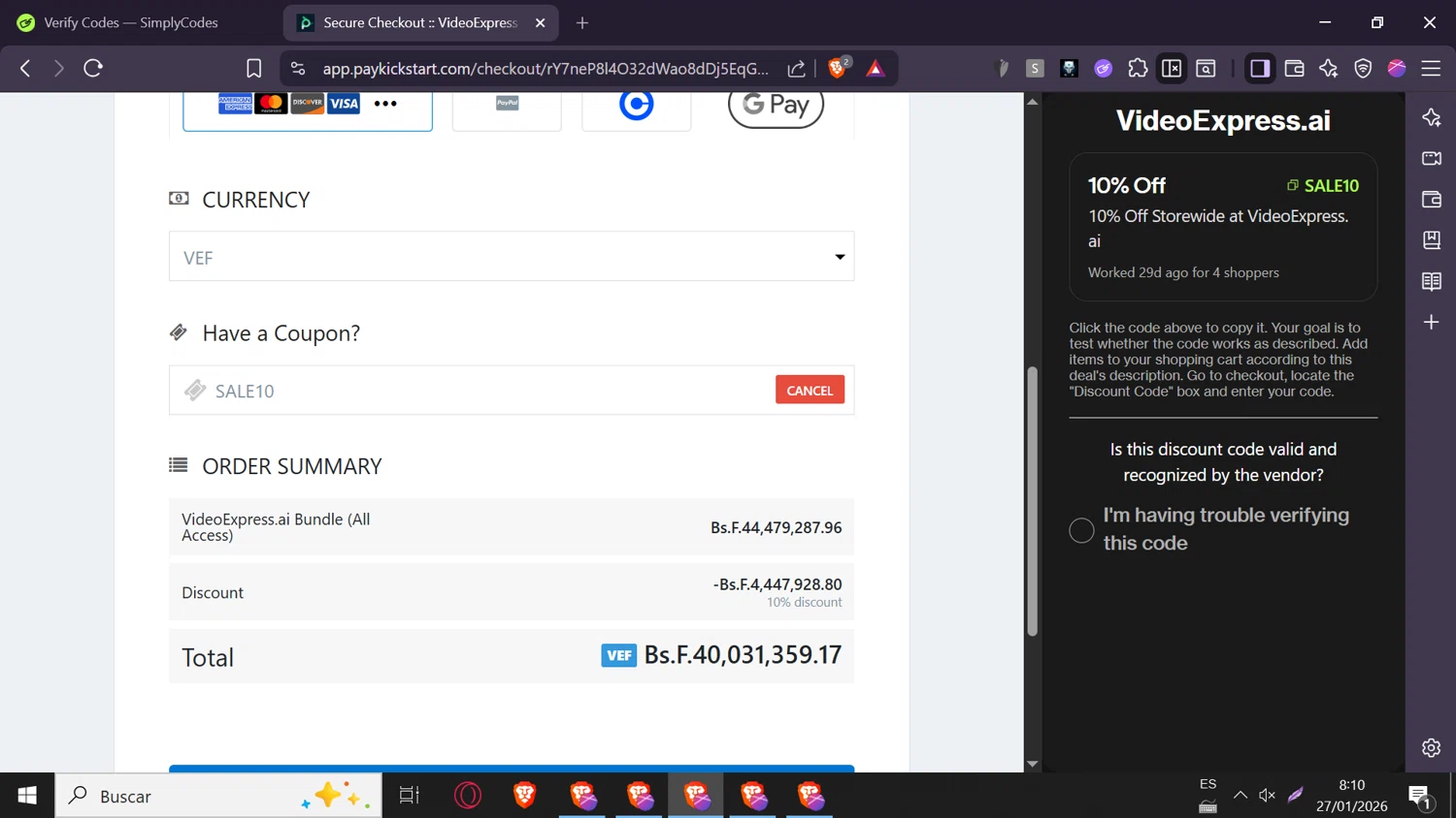 VideoExpress.ai promo code screenshot showing code SALE10 applied at VideoExpress.ai checkout page. Uploaded by SimplyCodes community member elizabethjames on Jan 27, 2026