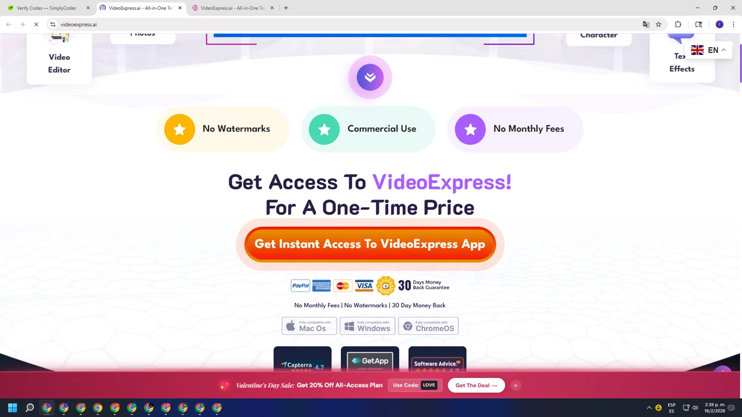 VideoExpress.ai checkout page showing VideoExpress.ai promo code box | Screenshot taken by SimplyCodes community member on Feb 16, 2026