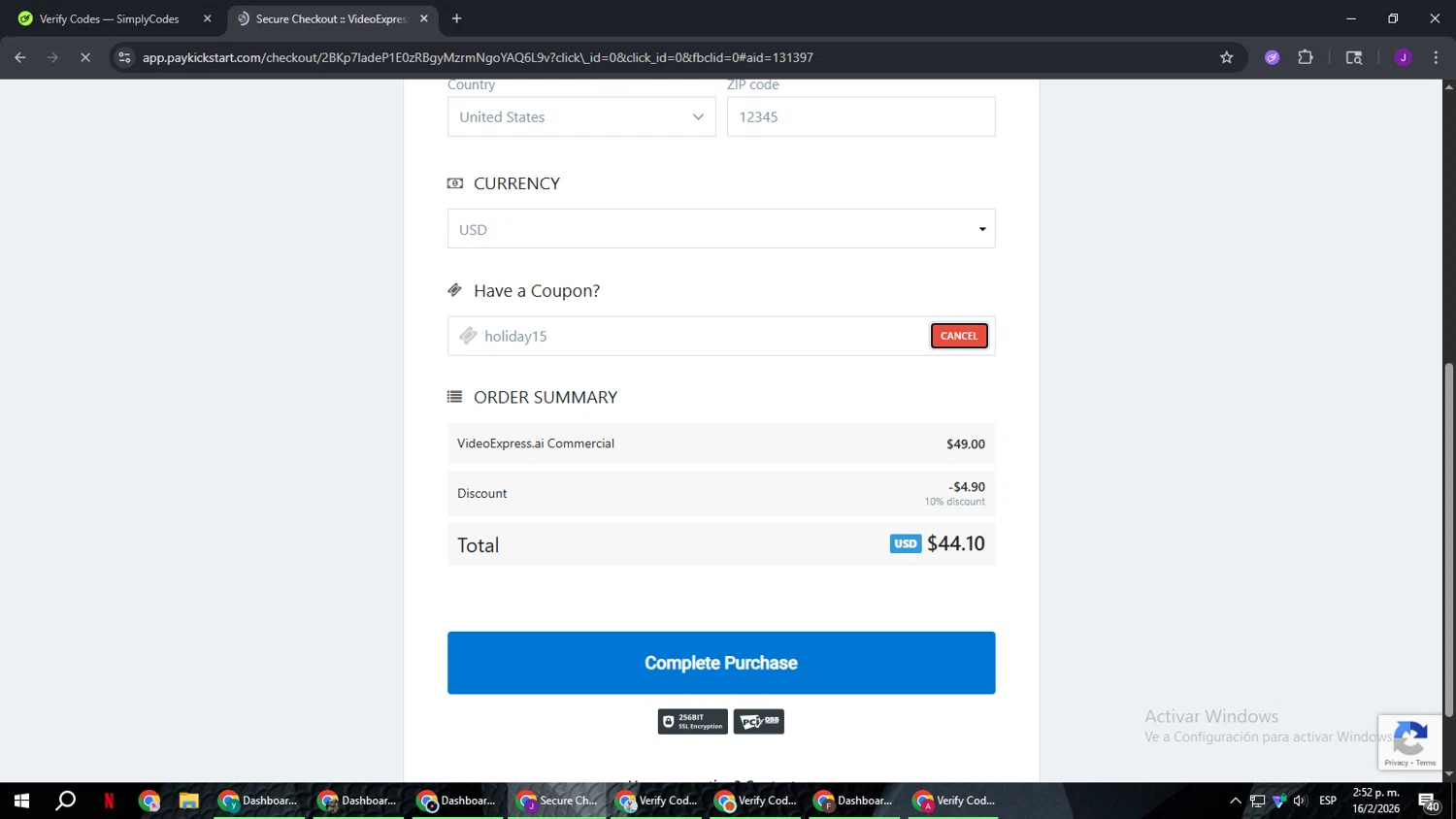 VideoExpress.ai promo code screenshot showing code holiday15 applied at VideoExpress.ai checkout page. Uploaded by SimplyCodes community member ComeBurra123 on Feb 16, 2026