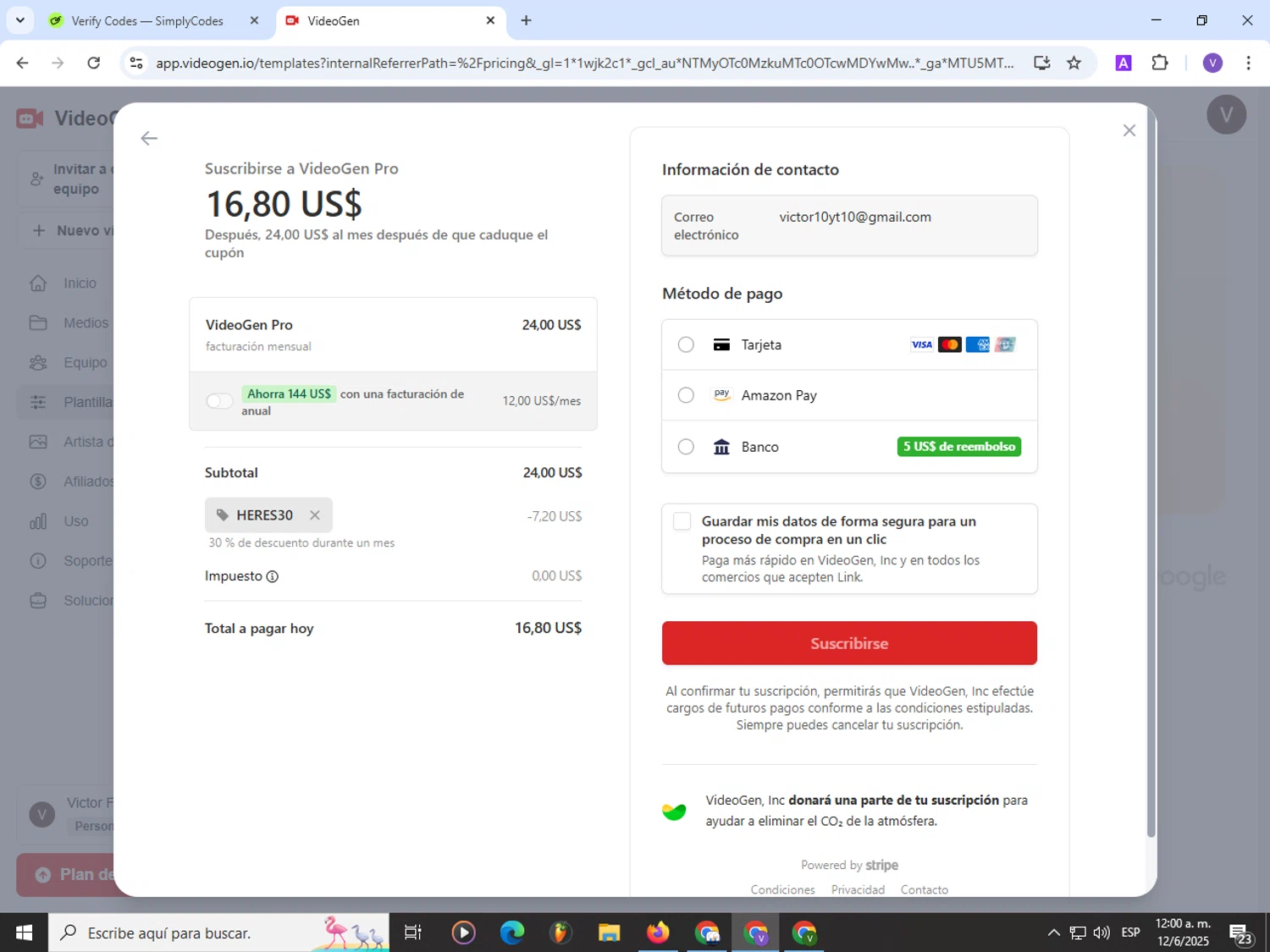 VideoGen coupon code screenshot showing code HERES30 applied at VideoGen checkout page. Uploaded by SimplyCodes community member Satoru_gojo on Jun 12, 2025